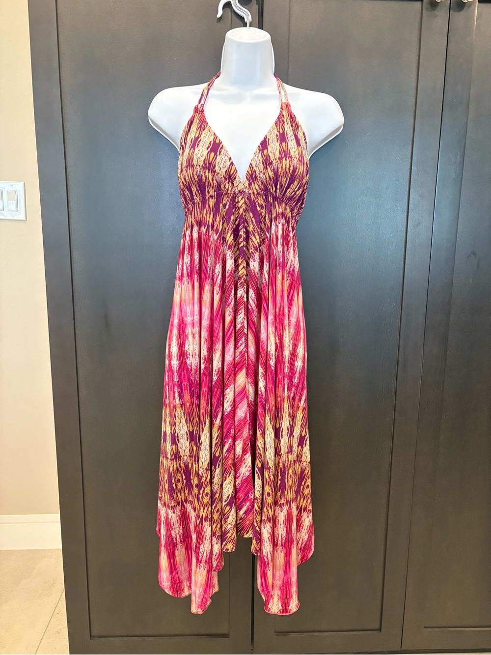 Sleeveless Halter Pink & Yellow Print Maxi Dress